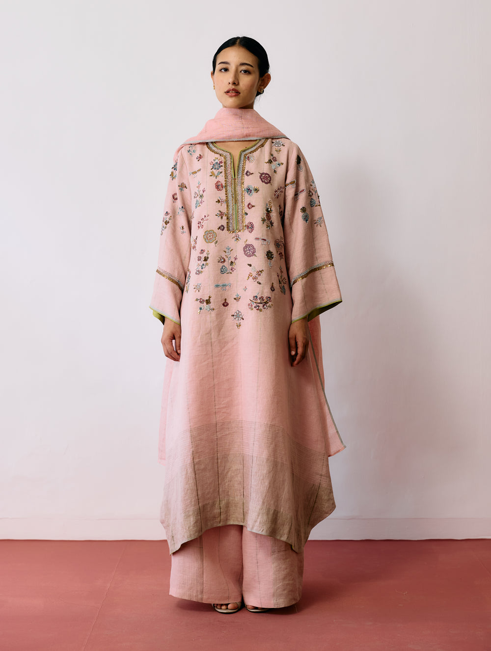 Ura Hand-Embroidered Metallic Linen Kurta Set - Pink