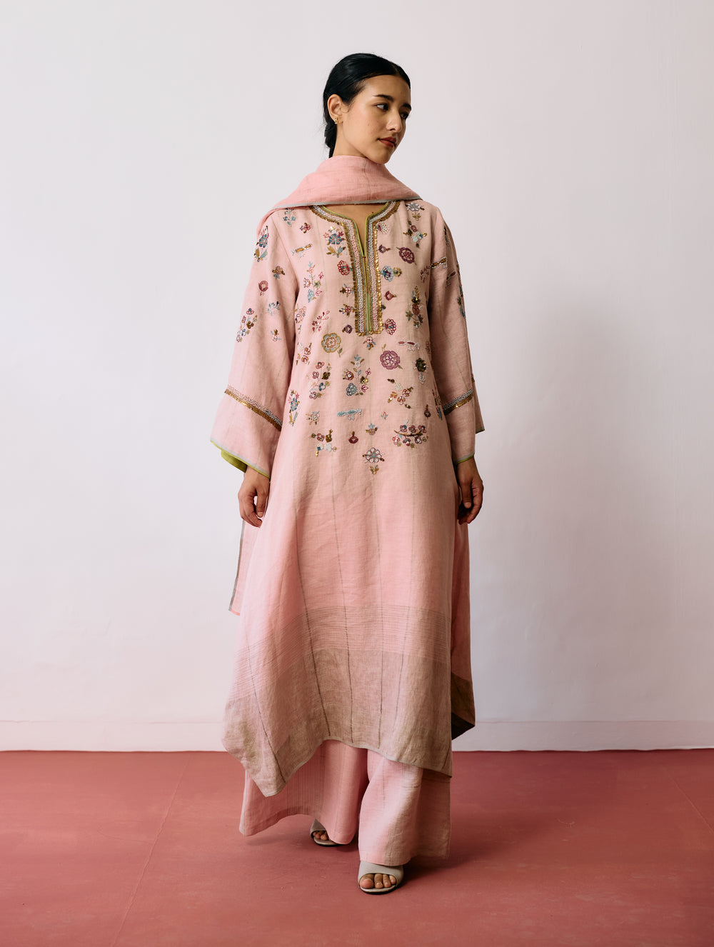 Ura Hand-Embroidered Metallic Linen Kurta Set - Pink