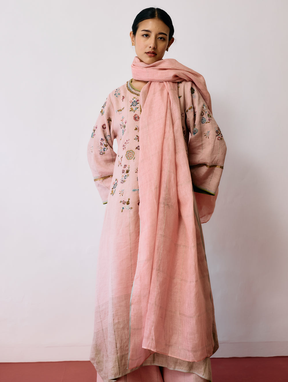 Ura Hand-Embroidered Metallic Linen Kurta Set - Pink