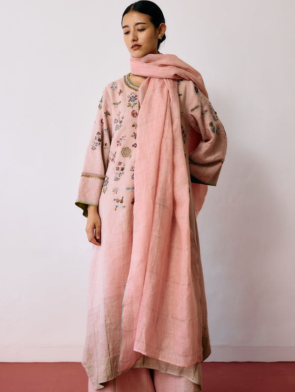 Sava Linen Metallic-Check Dupatta - Pink