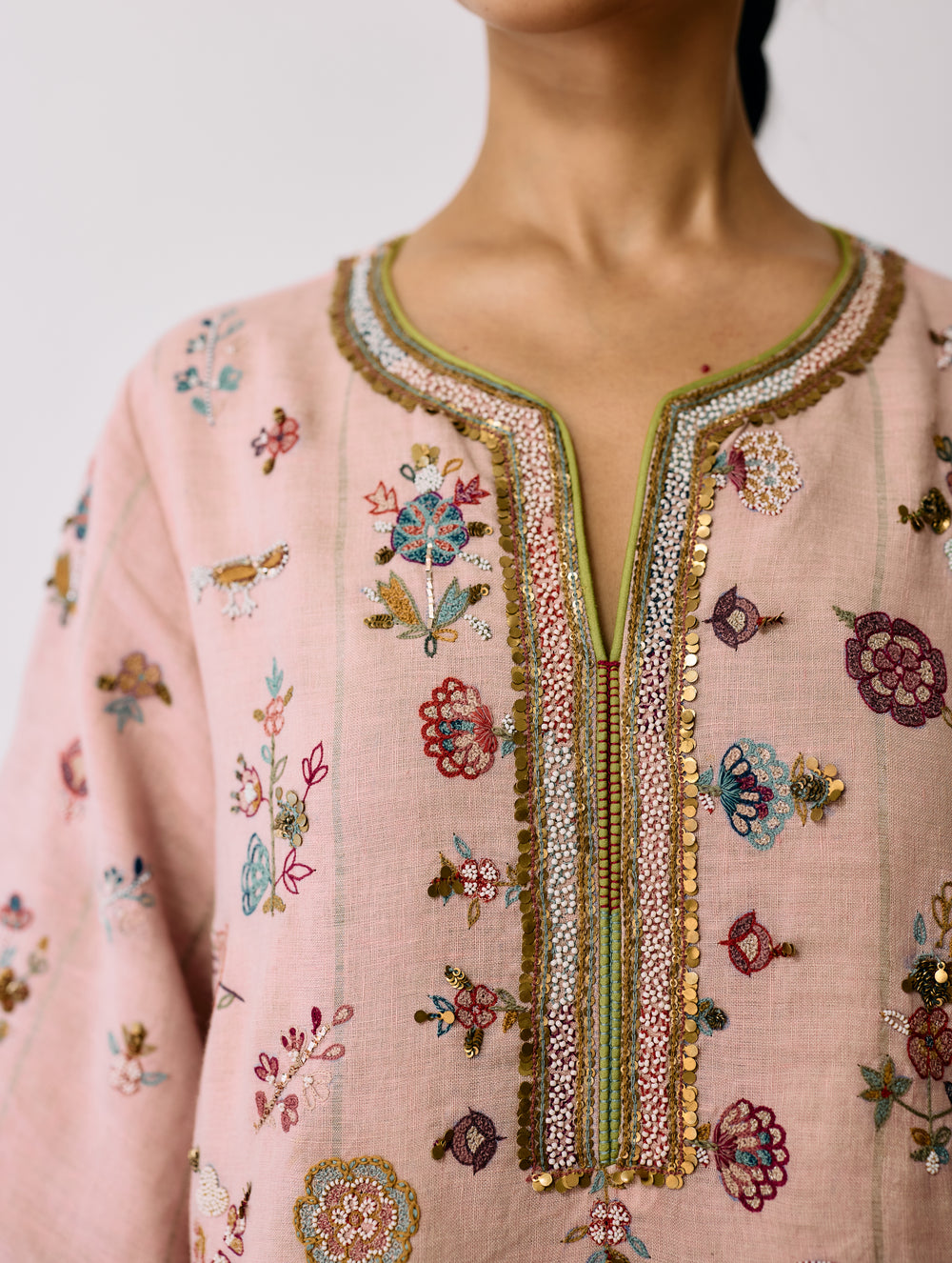 Ura Hand-Embroidered Metallic Linen Kurta Set - Pink
