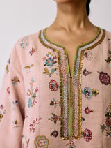 Ura Hand-Embroidered Metallic Linen Kurta Set - Pink