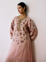 Ura Hand-Embroidered Metallic Linen Kurta Set - Pink