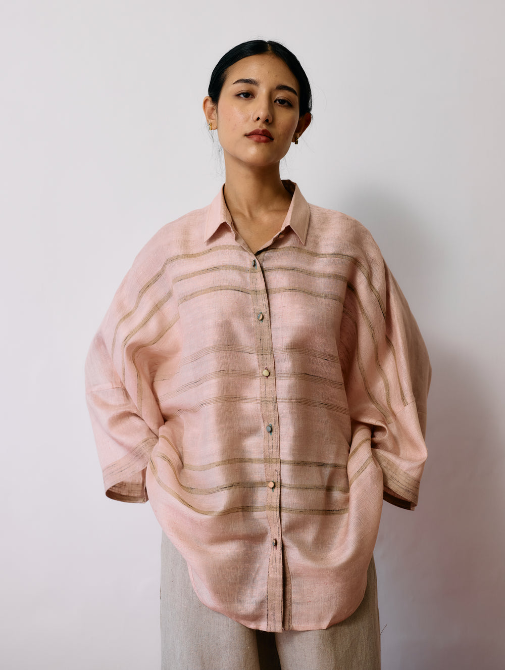 Ines Handwoven Tussar Silk Shirt - Ecru Pink