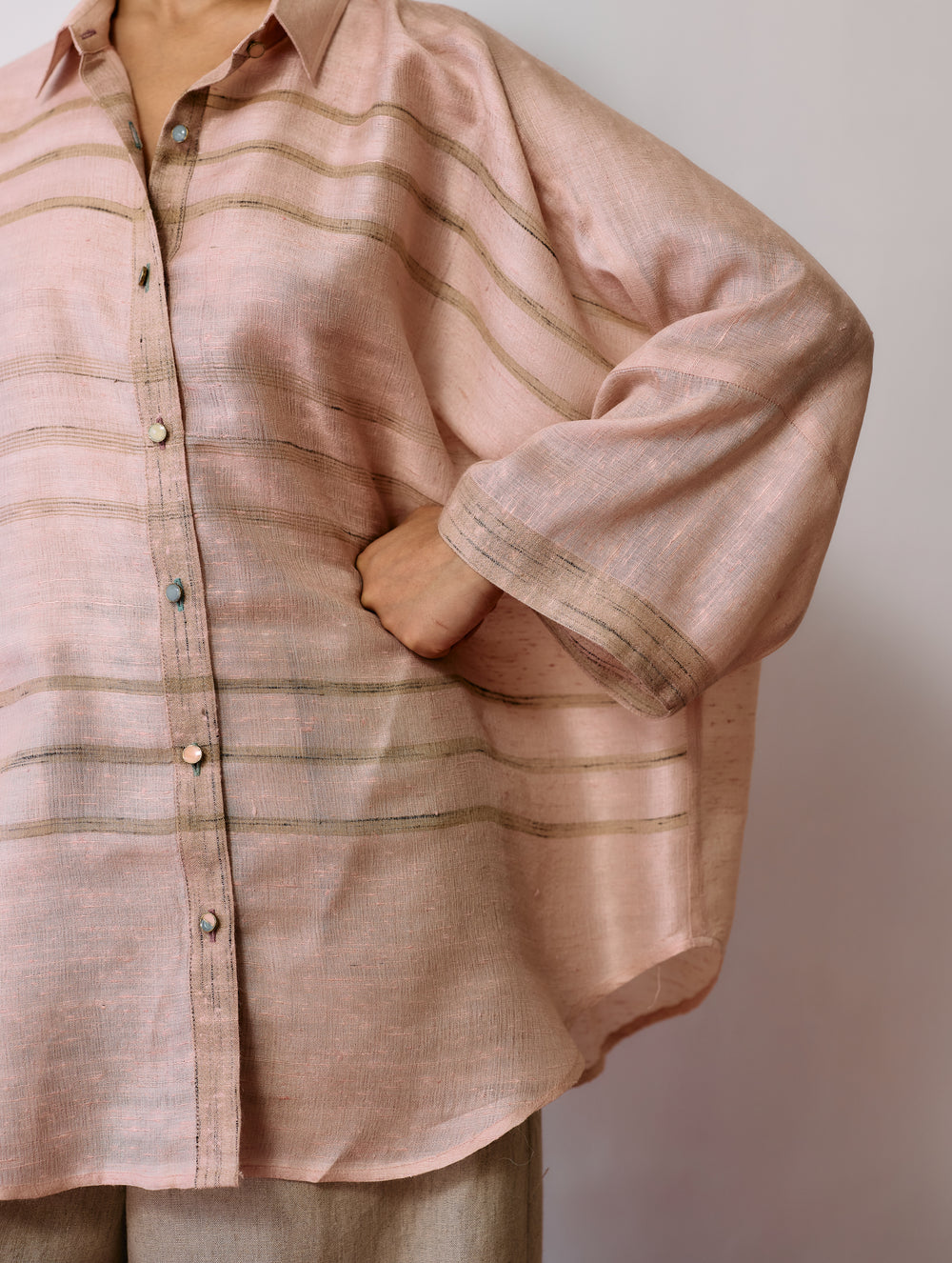 Ines Handwoven Tussar Silk Shirt - Ecru Pink