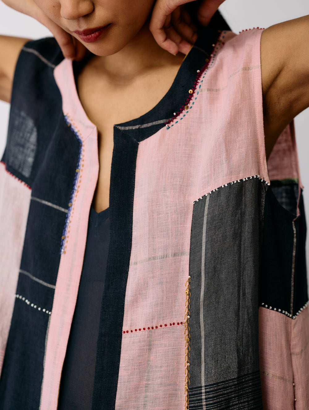 Shal Patchwork Linen Sleeveless Jacket