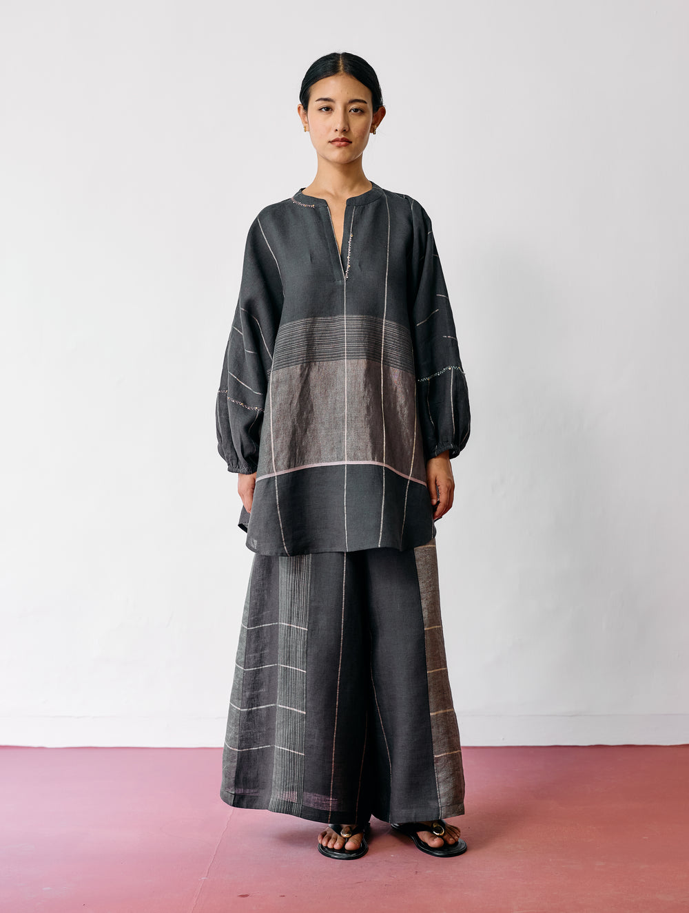Raza Metallic Linen Co-ord - Charcoal