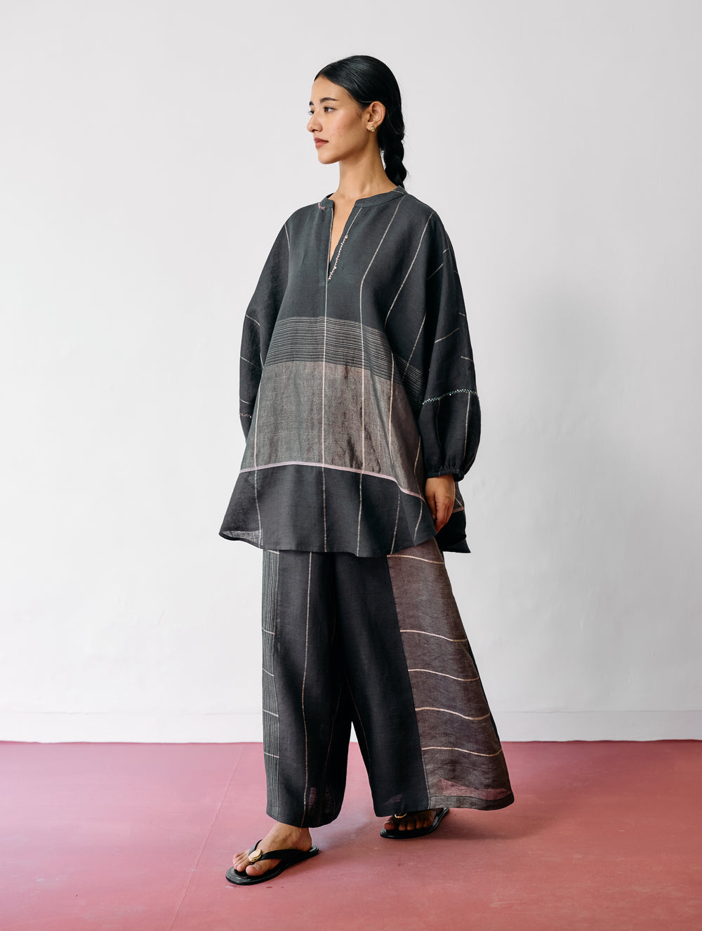 Raza Metallic Linen Co-ord - Charcoal