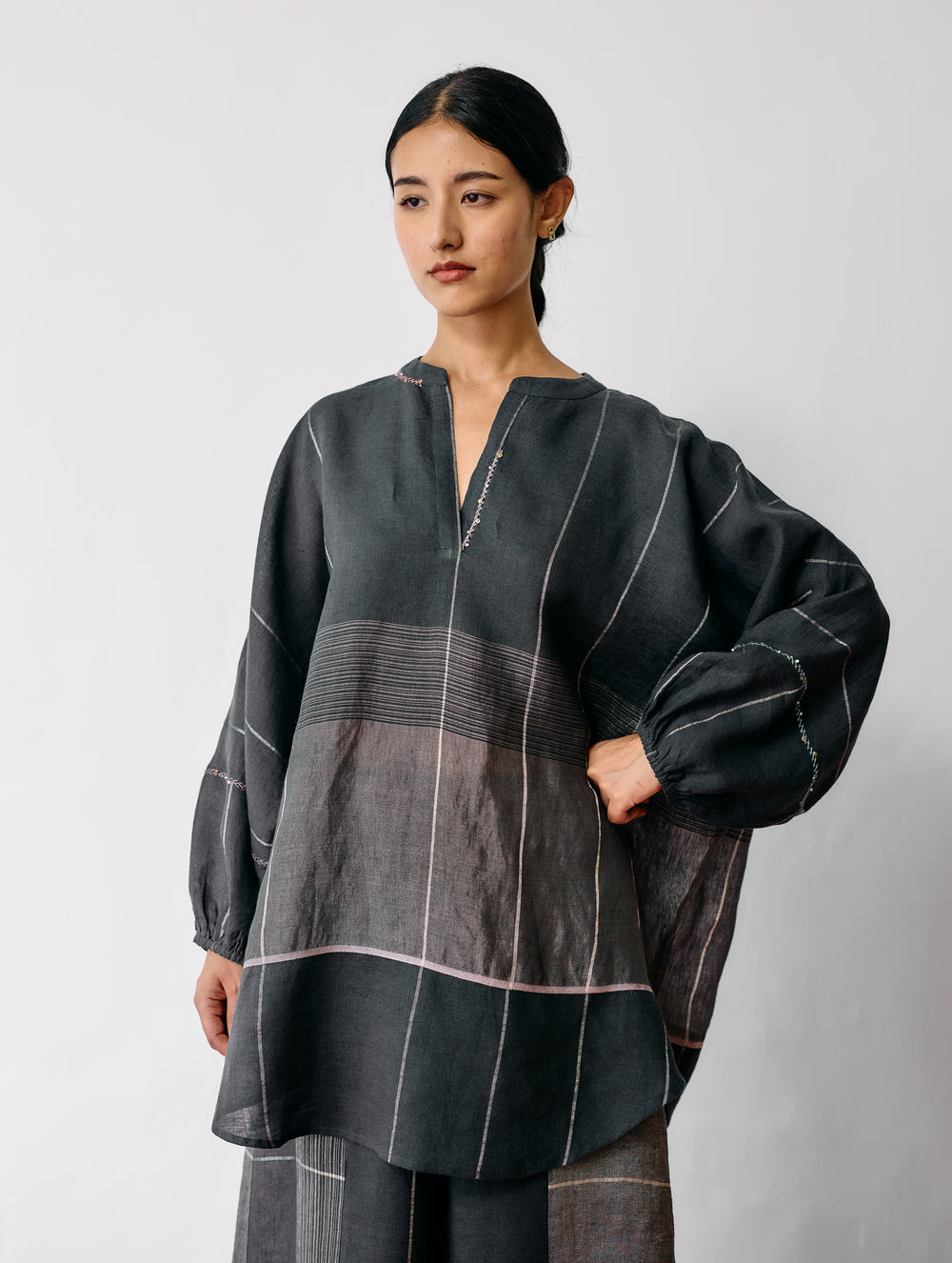 Raza Metallic Linen Top - Charcoal