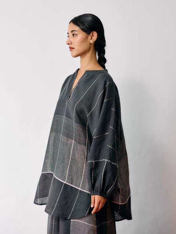 Raza Metallic Linen Top - Charcoal