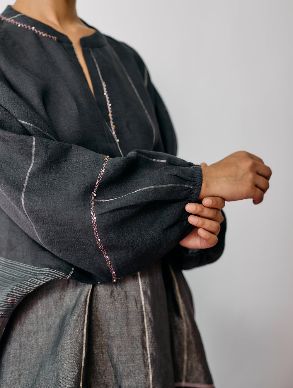 Raza Metallic Linen Top - Charcoal