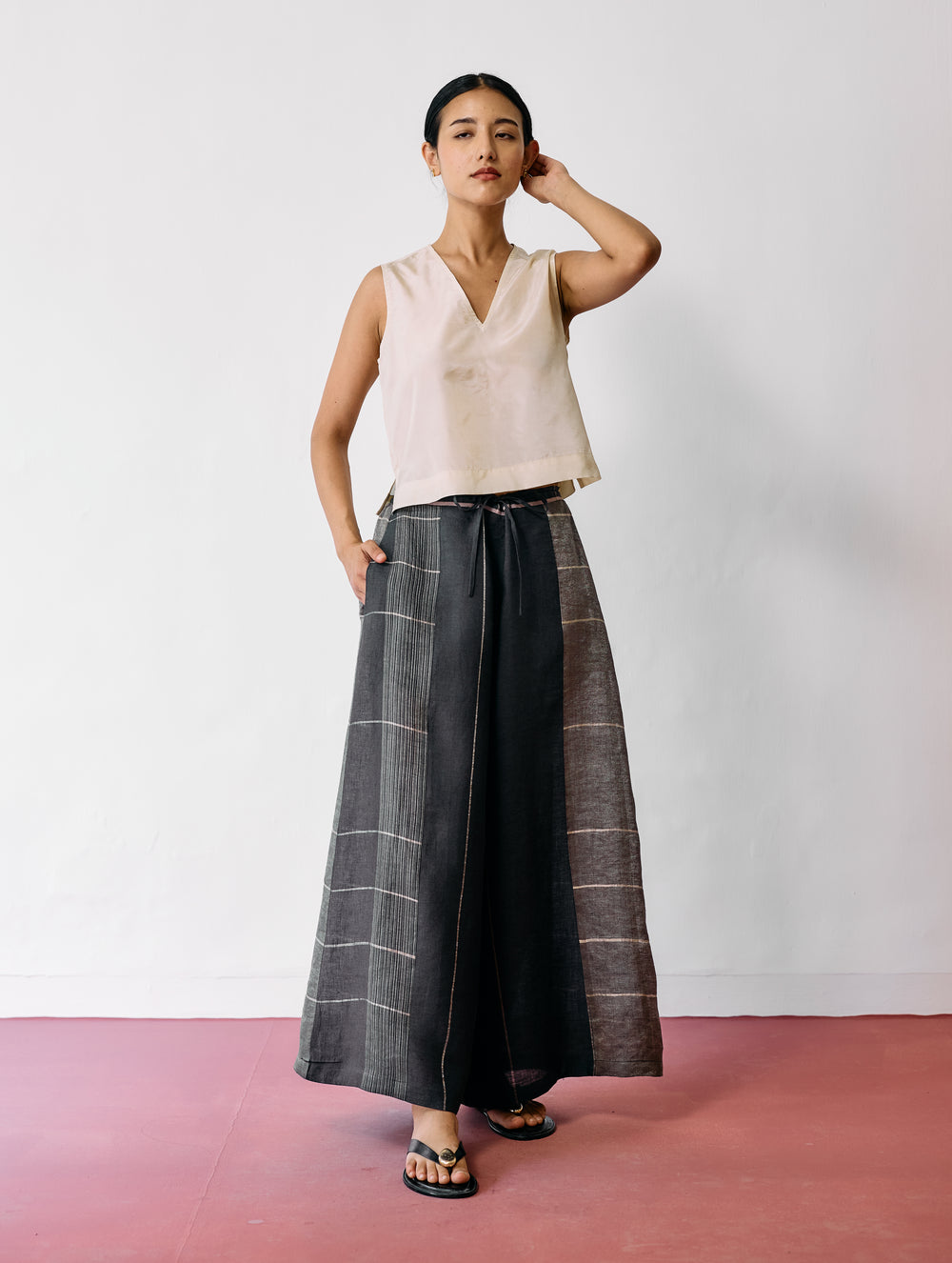 Sera Wide-Leg Metallic Linen Pants - Charcoal