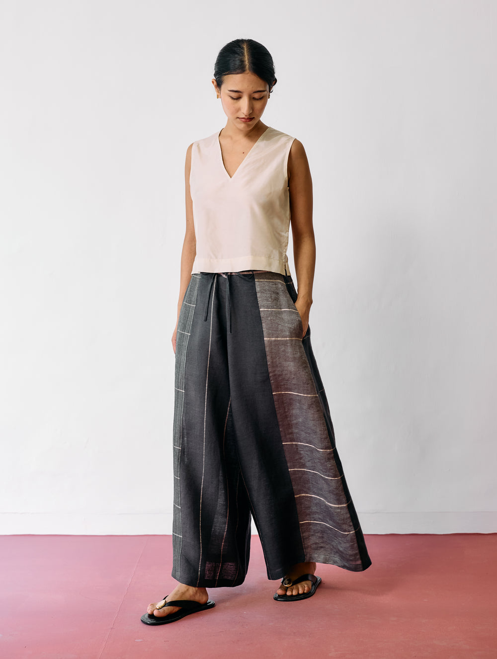 Sera Wide-Leg Metallic Linen Pants - Charcoal