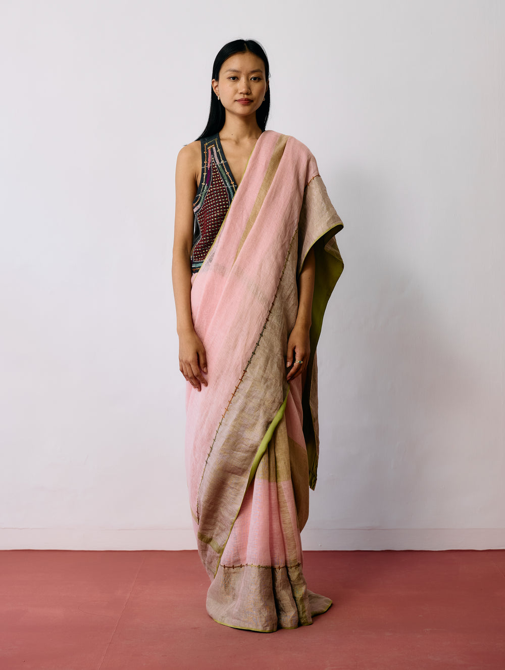 Afra Metallic Handloom Linen Saree - Metallic Pink