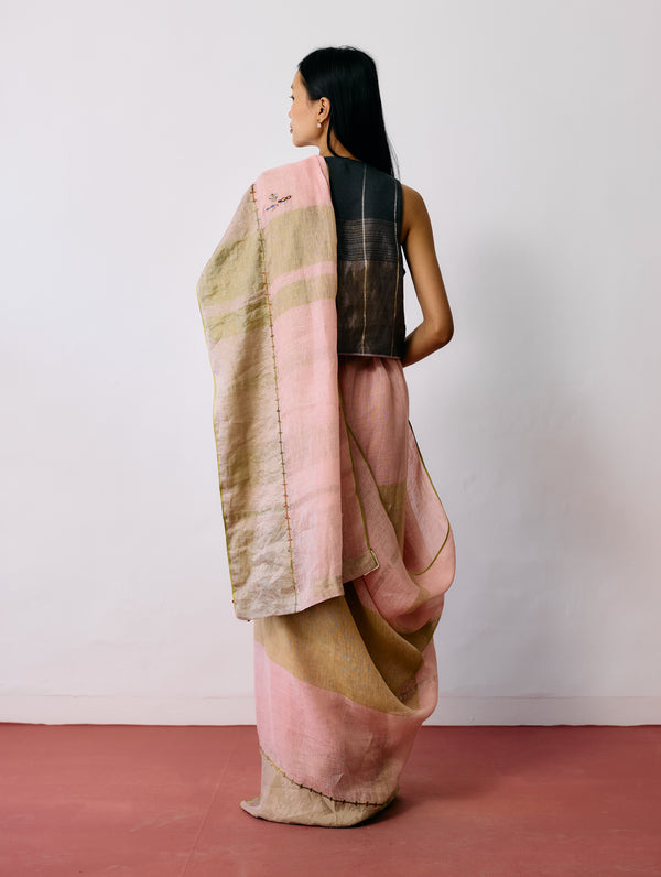 Afra Metallic Handloom Linen Saree - Metallic Pink