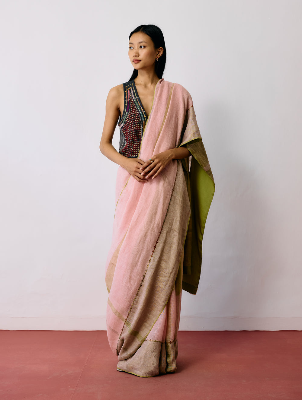 Afra Metallic Handloom Linen Saree - Metallic Pink