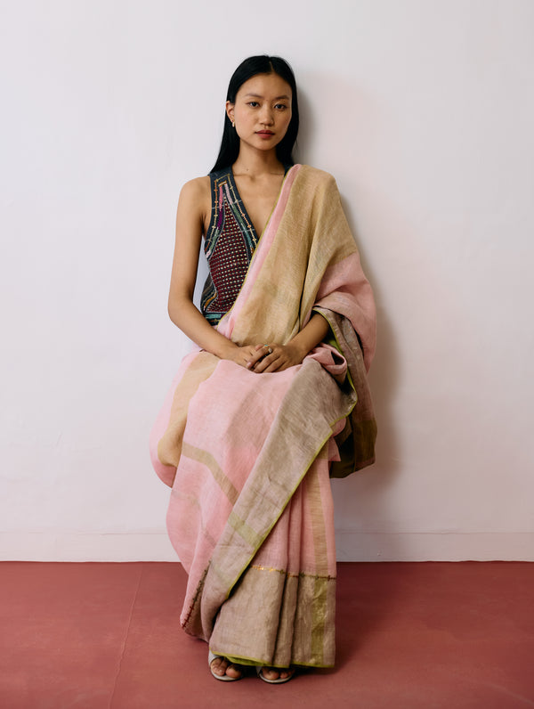 Afra Metallic Handloom Linen Saree - Metallic Pink