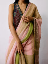 Afra Metallic Handloom Linen Saree - Metallic Pink