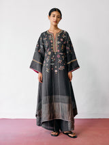 Ura Hand-Embroidered Metallic Linen Kurta - Charcoal