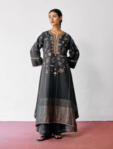 Ura Hand-Embroidered Metallic Linen Kurta - Charcoal