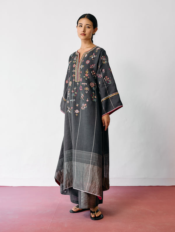 Ura Hand-Embroidered Metallic Linen Kurta - Charcoal