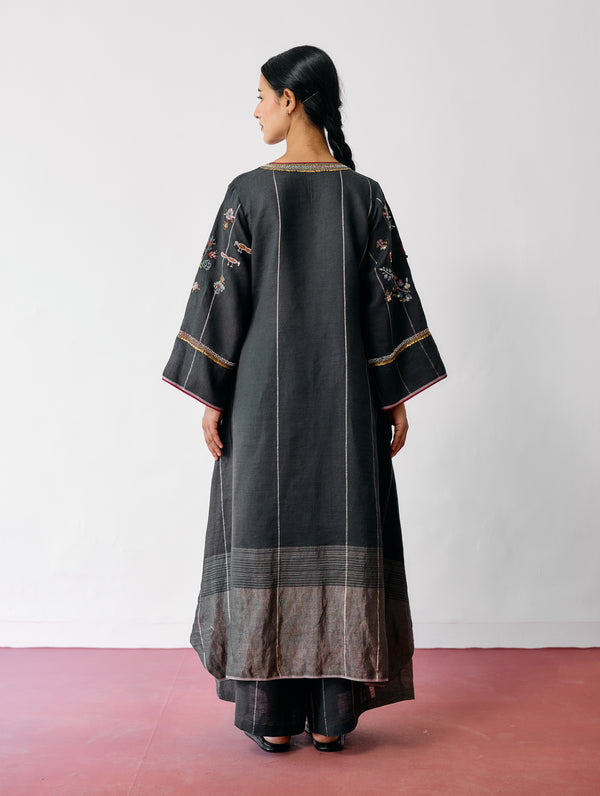 Ura Hand-Embroidered Metallic Linen Kurta - Charcoal