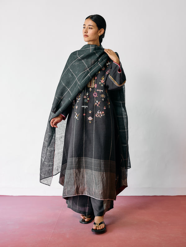Sava Linen Metallic-Check Dupatta - Charcoal