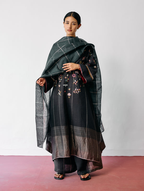 Sava Linen Metallic-Check Dupatta - Charcoal