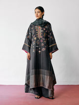 Ura Hand-Embroidered Metallic Linen Kurta Set - Charcoal