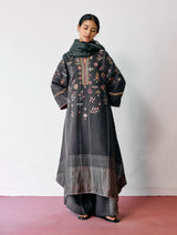Ura Hand-Embroidered Metallic Linen Kurta Set - Charcoal
