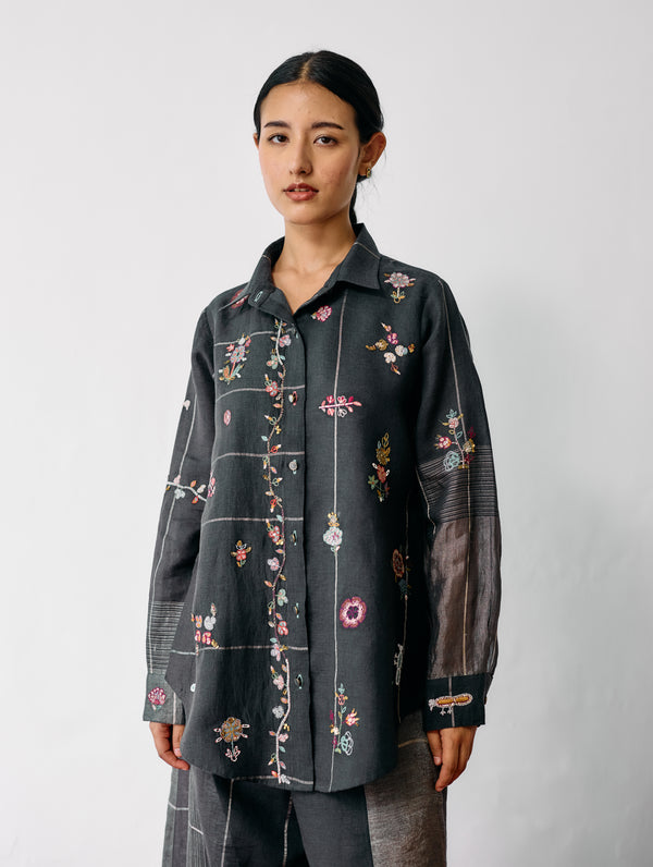 Mansa Floral Hand-Embroidered Shirt - Charcoal