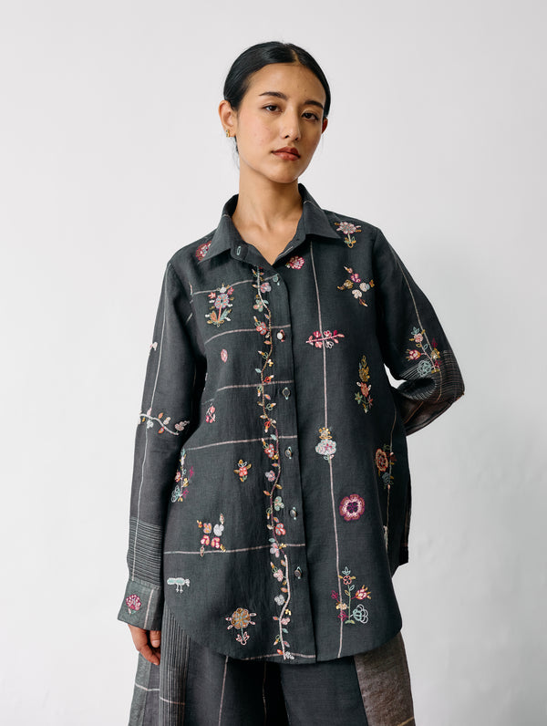 Mansa Floral Hand-Embroidered Shirt - Charcoal