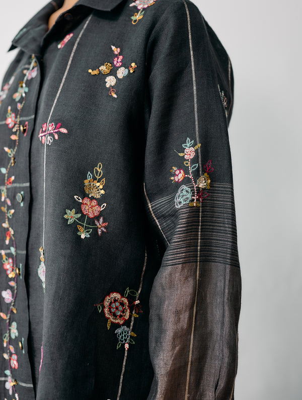 Mansa Floral Hand-Embroidered Shirt - Charcoal