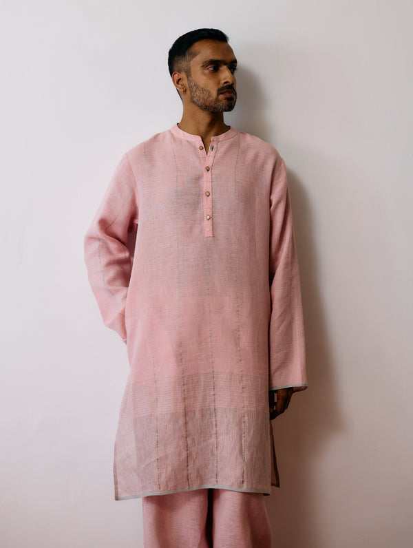 Jawahar Metallic Linen Kurta - Pink