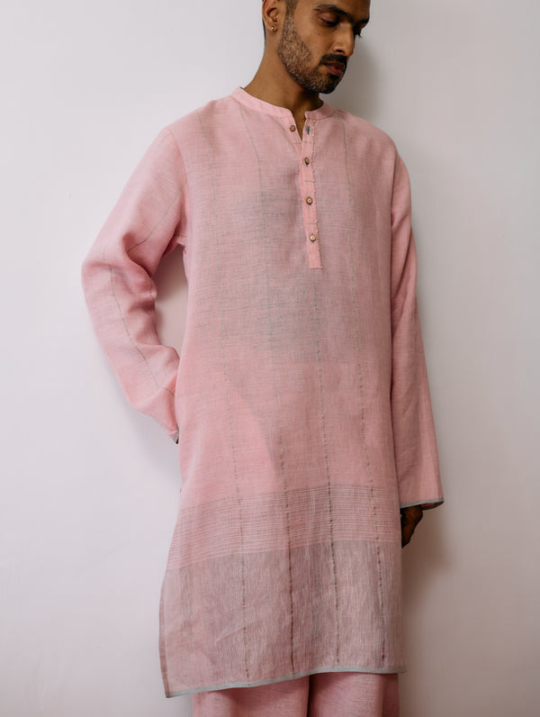Jawahar Metallic Linen Kurta - Pink