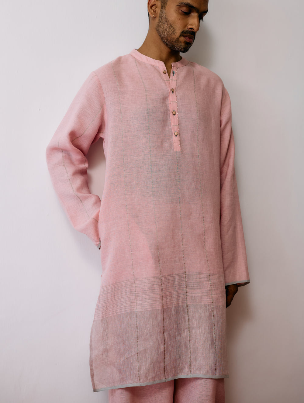 Jawahar Metallic Linen Kurta Set - Pink