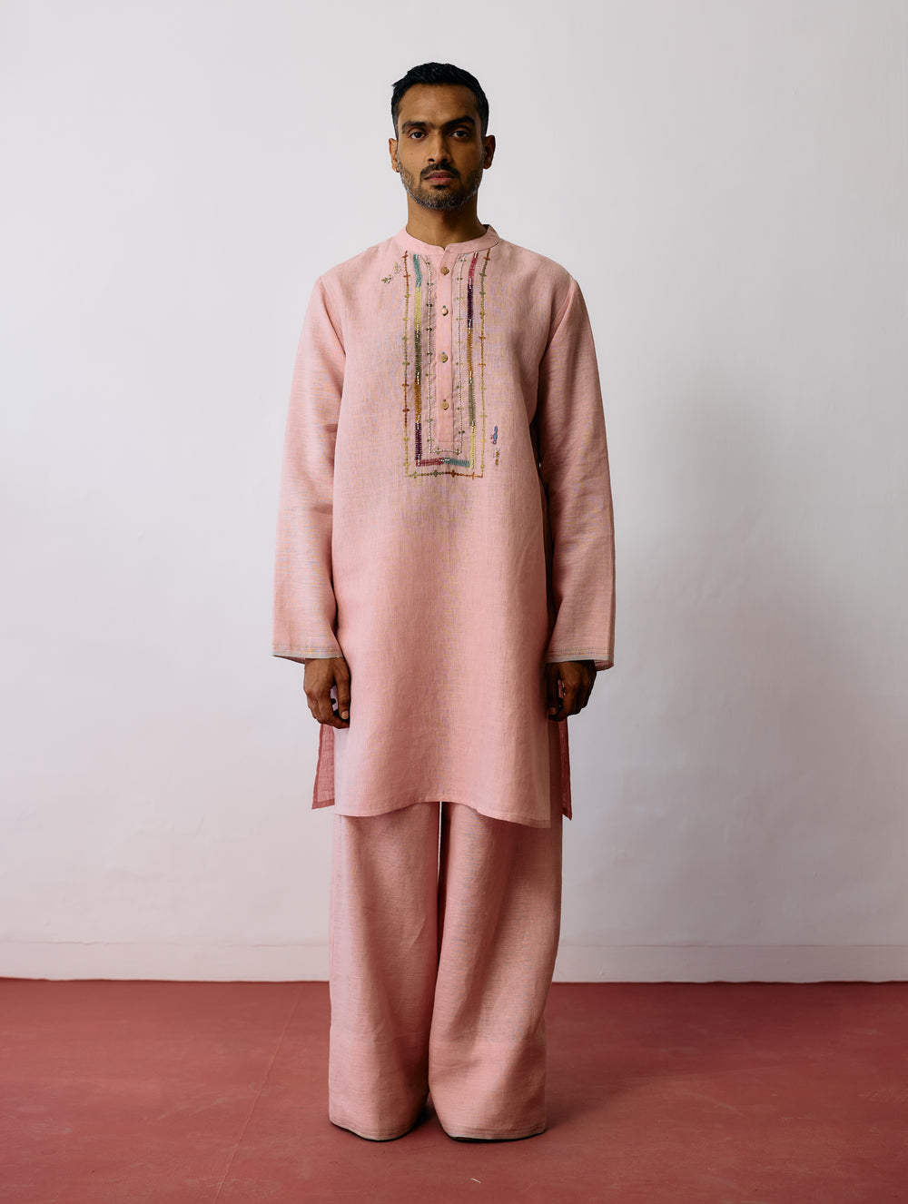 Keta Hand-Embroidered Linen Kurta - Pink