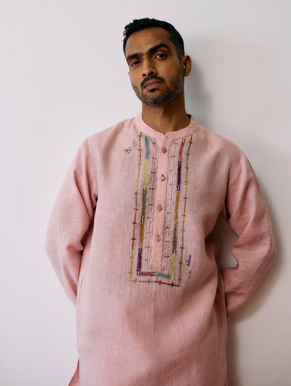 Keta Hand-Embroidered Linen Kurta - Pink