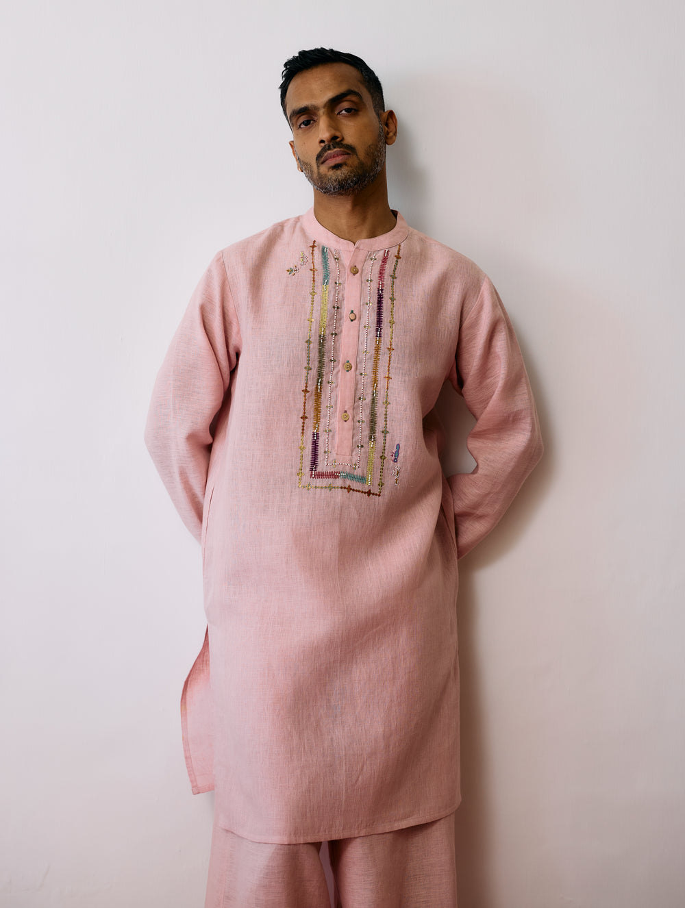 Keta Hand-Embroidered Linen Kurta - Pink