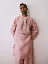 Keta Hand-Embroidered Linen Kurta - Pink