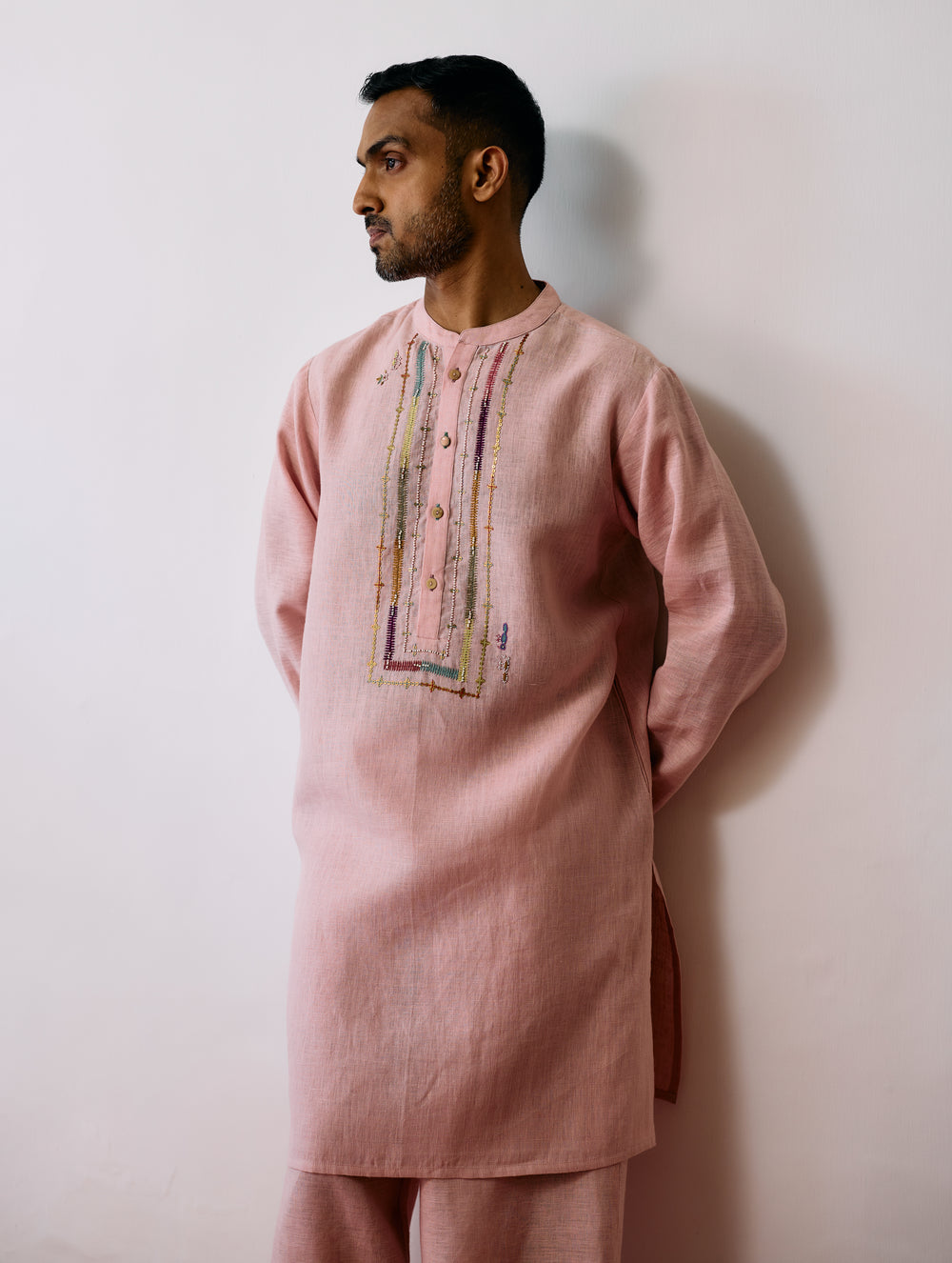 Keta Hand-Embroidered Linen Kurta - Pink