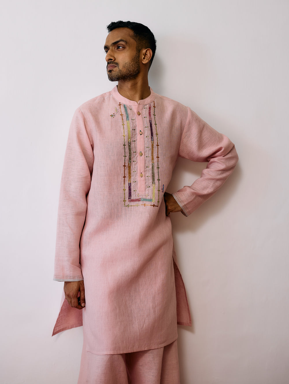 Keta Hand-Embroidered Linen Kurta - Pink
