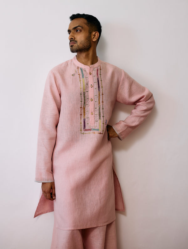 Keta Hand-Embroidered Linen Kurta - Pink