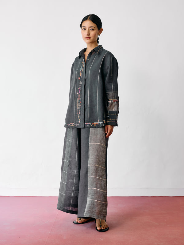 Hanat Hand-Embroidered Bird Shirt - Charcoal