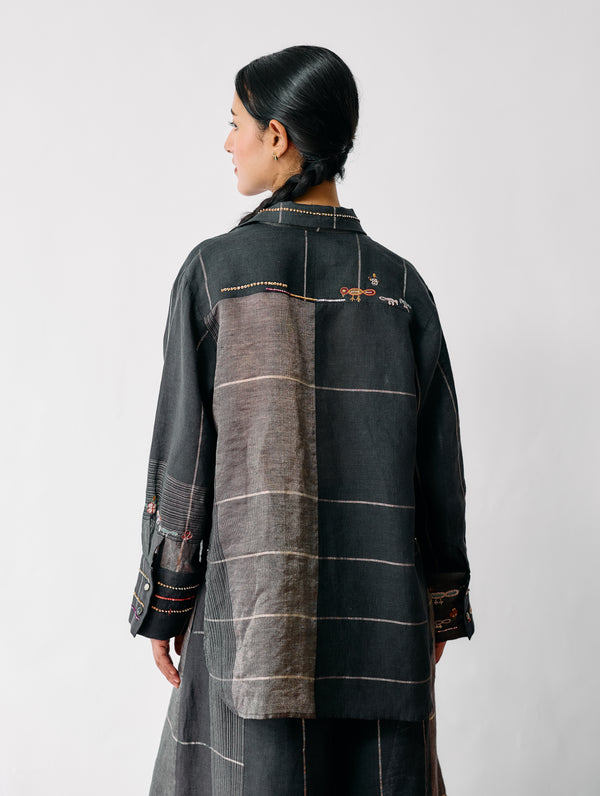 Hanat Hand-Embroidered Bird Shirt - Charcoal