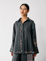 Hanat Hand-Embroidered Bird Shirt - Charcoal
