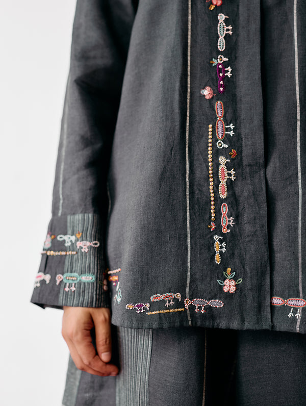 Hanat Hand-Embroidered Bird Shirt - Charcoal