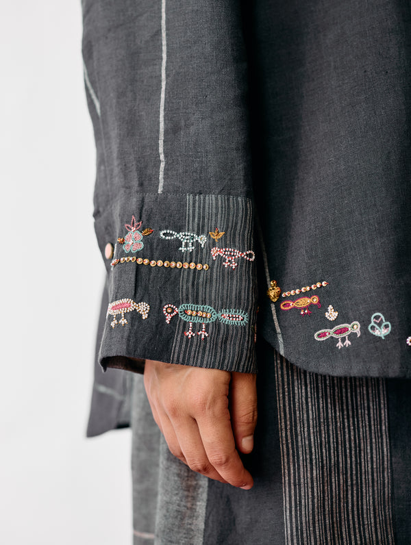 Hanat Hand-Embroidered Bird Shirt - Charcoal