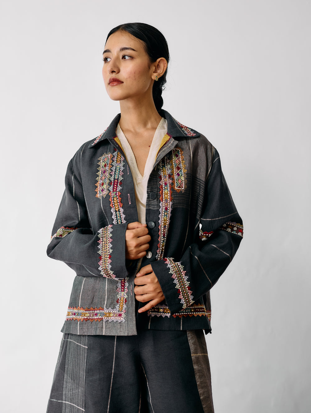 Zuri Hand-Embroidered Metallic Jacket - Charcoal