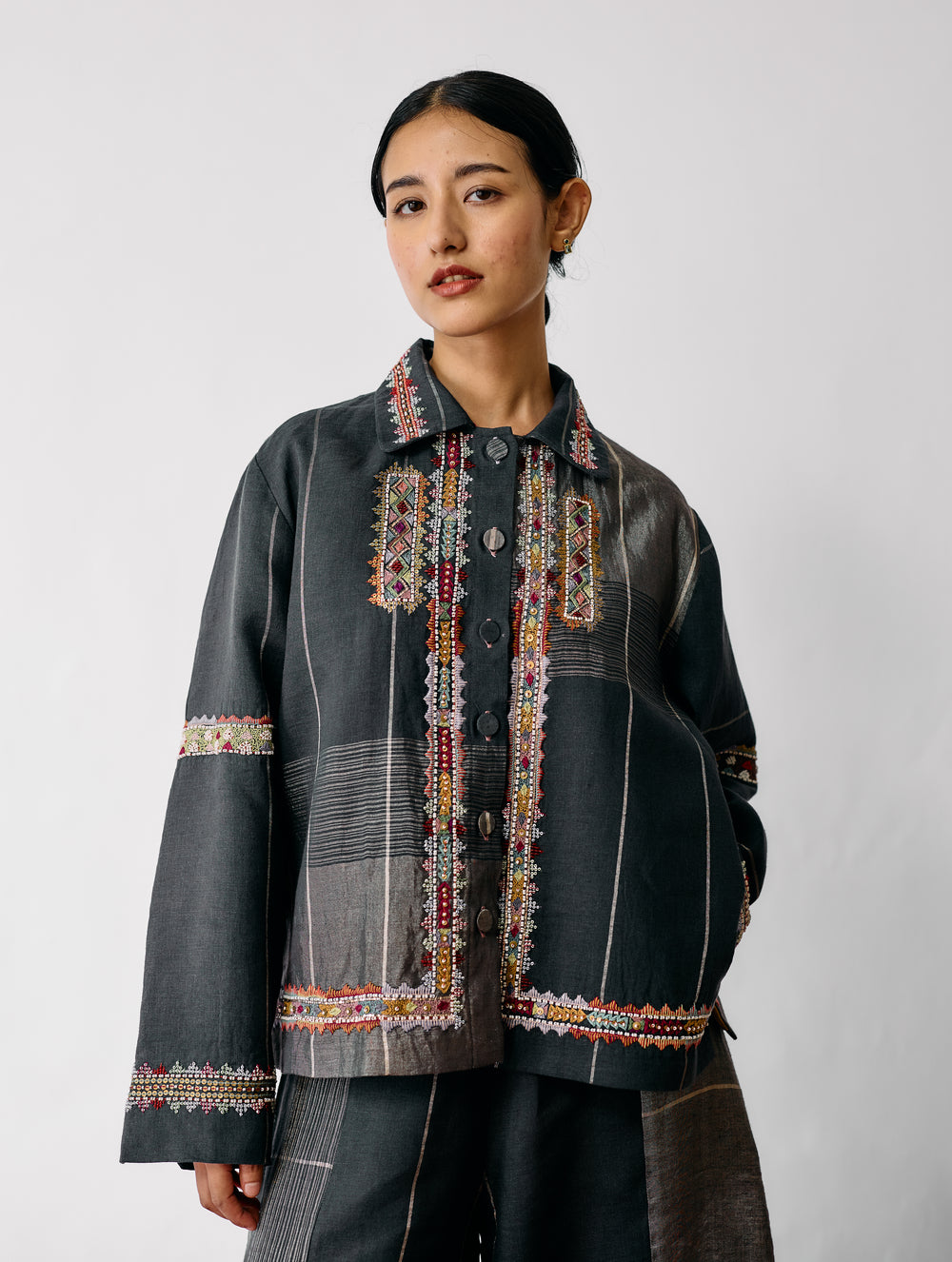 Zuri Hand-Embroidered Metallic Jacket - Charcoal